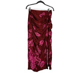 NWT Zara Red Pink Floral Ruched Crinkle Tropical Midi Skirt Side Slit Size Small
